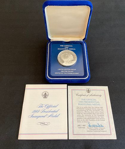 Official 1985 Reagan Presidential Inaugural Medal  .999 Fine Silver COA