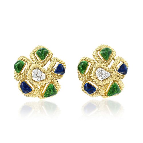 Diamond and Enamel Floral Earrings, Italian