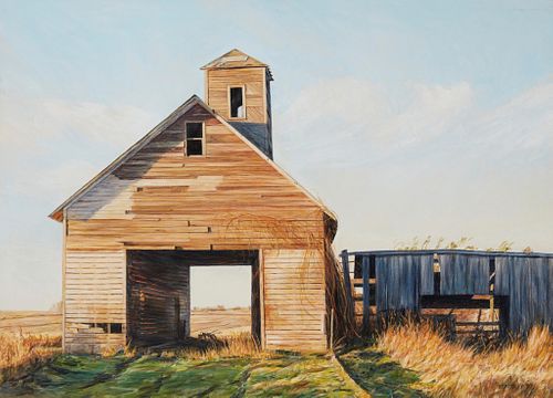 Gil Beamsley (1943-2021), "Corn Crib #1", 1997, Oil on canvas, 23" H x 31.5" W