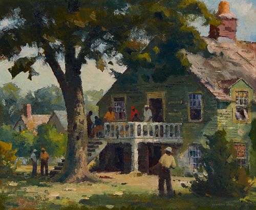 Kenneth How (1883-1950), Figures on a porch under the shade of a tree, Oil on Masonite, 25" H x 36.25" W
