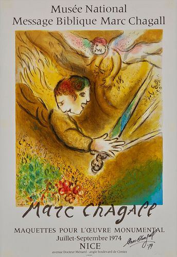 After Marc Chagall (1887-1985) and by Charles Solier (1921-1990), "The Angel of Judgement," on an exhibition poster for the "Musee National Message Bi