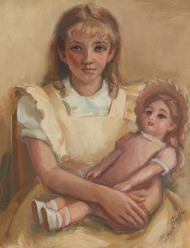 Donna Schuster (1883-1953), Girl with doll, Oil on canvas, 26.125" H x 20" W