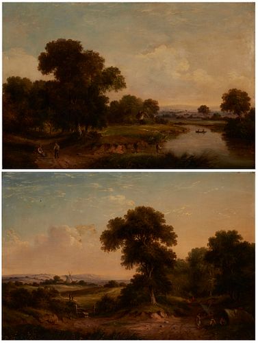 19th Century Continental School, Two works: Figures fishing at a river, Oil on canvas, 16" H x 24" W, and Figures along a forest path, Oil on canvas, 