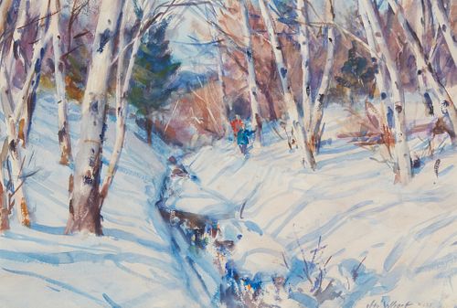 John Whorf (1903-1959), "Birches in Winter," Watercolor on paper, Sight:14.5" H x 21.5" W