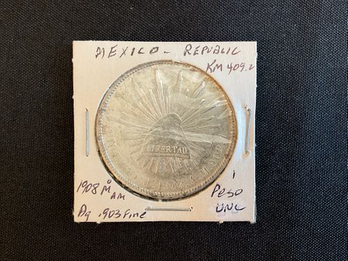 Mexico 1908 Mo AM Silver 1 Peso Coin