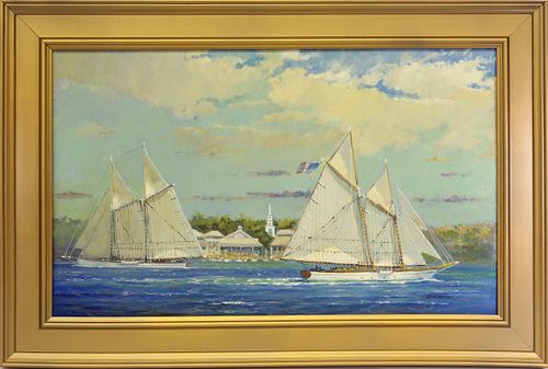William Lowe Oil on Linen "Schooners Passing the Yacht Club, Nantucket"