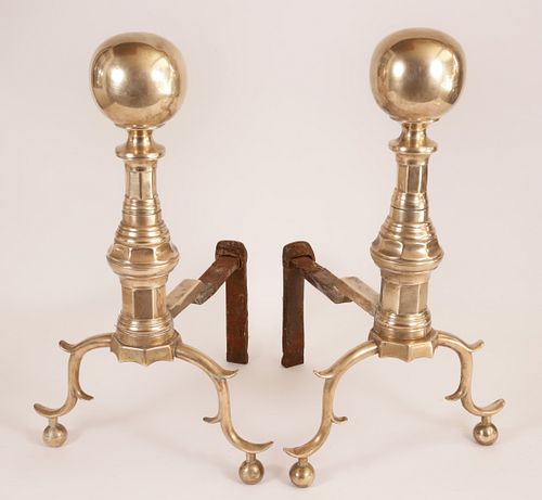 Pair of American Period Brass  Ball Top Andirons, circa 1800