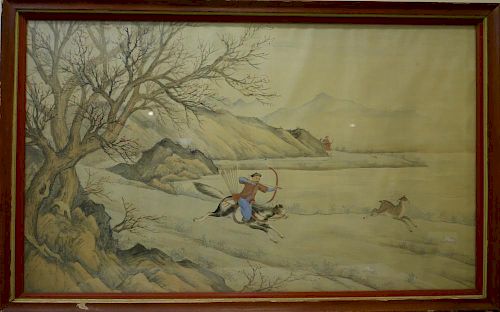 CHINESE WATERCOLOR PAINTING OF A HUNT SCENE, QING DYNASTY