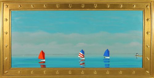 Robert Stark Jr. Oil on Canvas "Three Catboats Rounding Brant Point, Nantucket"