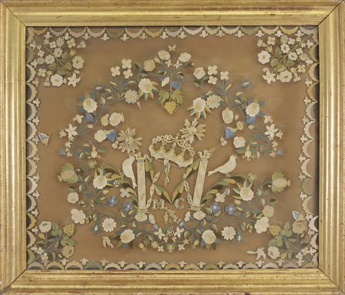 Framed Free Embroidery on Glass: Lovers' Emblem, 19th Century