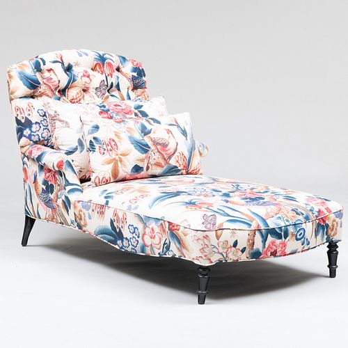 Victorian Style Floral Chintz Upholstered Ebonized Chaise Lounge
