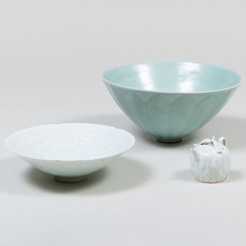 Two Chinese Celadon Glazed Porcelain Bowls and a Water Dropper 