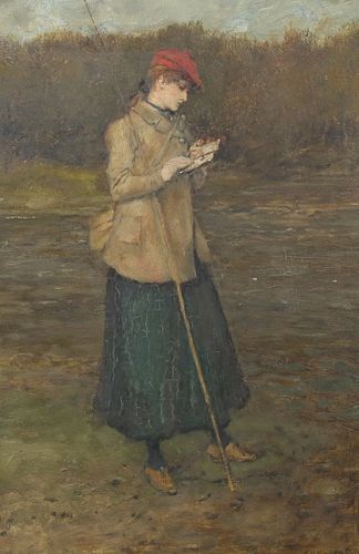 G.H. Boughton Oil on Wood Panel Woman Fishing