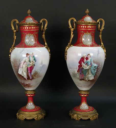 Pair of Sevres Style Porcelain & Gilt Bronze Vases