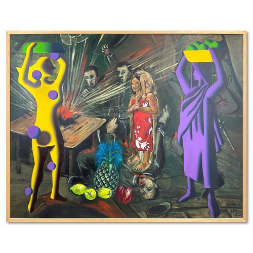 Mark Kostabi & Tadanori Yokoo, "Rethink the Painting" Framed Original Painting on Canvas, Hand Signed with Letter of Authenticity.