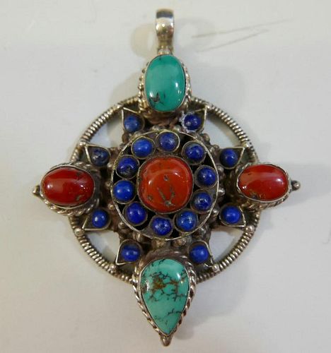 CHINESE TIBETAN STERLING SILVER CORAL LAPIS TURQUOISE PENDANT
