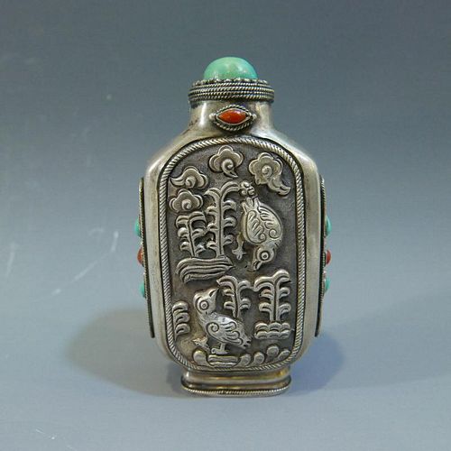 ANTIQUE SINO TIBETAN SILVER CORAL &TURQUOISE SNUFF BOTTLE