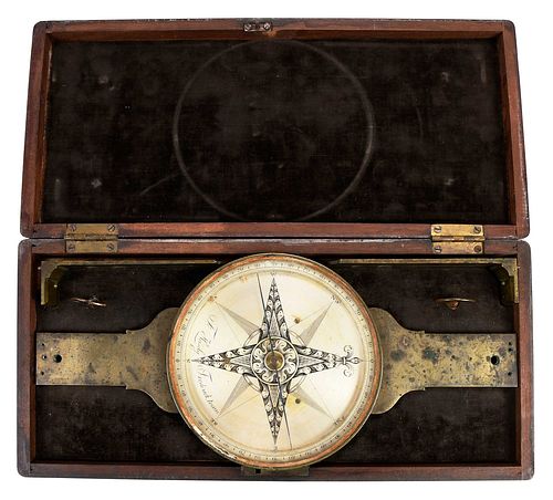 Rare Surveyors' Plain Brass Compass in Wood Box