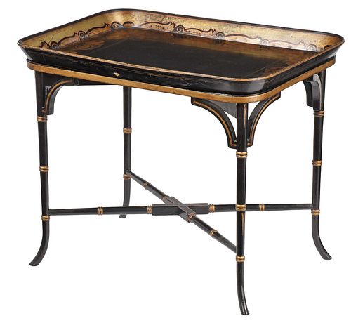 Regency Style Black Lacquer, Parcel Gilt and Papier Mache Tray on Stand