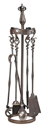 Set of Art Nouveau Wrought Steel Fire Tools and Stand