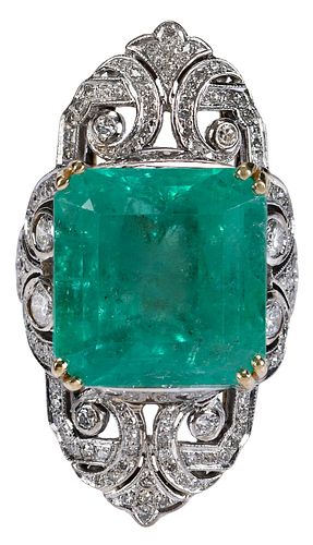 23.59ct. Step Cut Natural Colombian Emerald and Diamond Ring - GIA