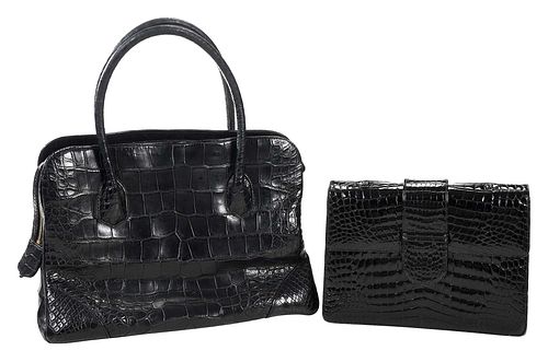 Lana Marks Black Crocodile Handbag with Associated Clutch