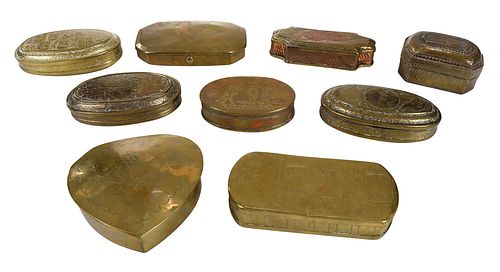 Nine Continental Brass Tobacco Boxes