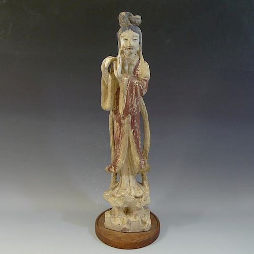 ANTIQUE CHINESE PAINTED CARVED WOOD MEIREN - QING DYNASTY