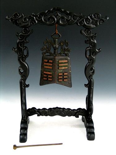 Chinese Bronze Bell with Wood Frame.