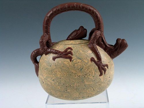 Chinese Yixing Teapot, Marked. Handle Decorated with Chilong.