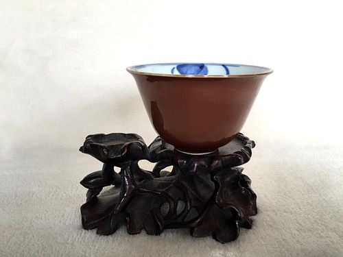 Chinese Brown Glazed Blue and White Porcelain Cup