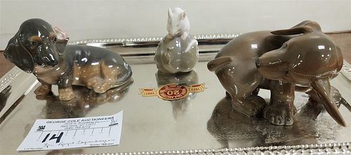 TRAY 3 PC ROYAL COPENHAGEN FIGURINES 2 DOGS 3"H X 4"L AND 3"H X 4 1/2"L AND MOUSE 2 3/4"