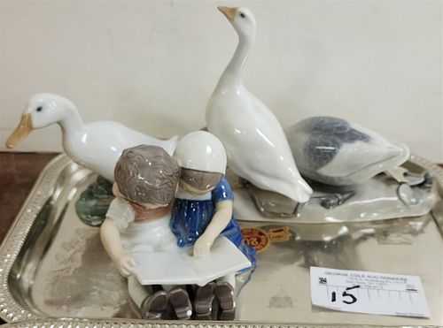 TRAY 3 PC ROYAL COPENHAGEN FIGURINES 2 GEESE 6"H X 7"L AND TWO CHILDREN READING 3 3/4"H X 4"W
