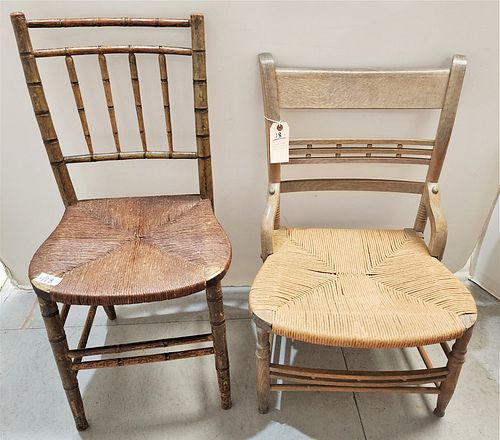 19TH C FAUX BAMBOO SIDE CHAIR 33 1/2"H X 17"W AND SHERATON SLIPPER CHAIR 29"H X 20"W .