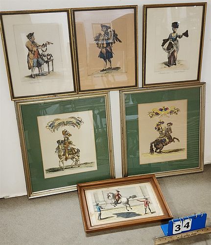 BASKET 6 FRAMED ENGR- PR 19TH C 12" X 10 1/4" HANDCOLORED 3 19TH C 13 3/4" X 10 3/4" AND C1678 HAND COLORED EQUESTRIAN 8 1/2' X 13"