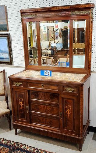 C1900 INLAID MAHOG 4 DRAWER CABINET MARBLE TOP W/ BEVELLED GLASS GALLERY W/ ORMOLU MOUNTS 80"H X 47 1/2"W X 20 3/4"D