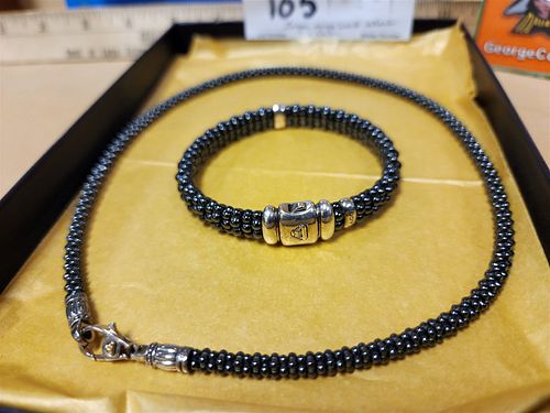 LAGOS STERL AND ONYX BEAD NECKLACE AND BRACELET W/ BAND OF DIAMONDS