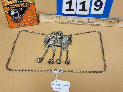 ANTIQUE CHINESE SILVER GODDESS GUANYIN RIDING ON A CHING MA 28" CHAIN W. 5"X3.5"PENDANT 2.39 OZT.