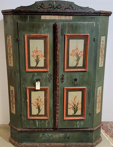 19TH C PAINTED 2 DOOR ARMOIRE DATED 1830 71"H X 50-1/2"W X 22-1/2"D
