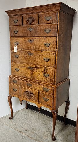 TIGER MAPLE 2 PART QA STYLE HIGHBOY MADE BY HAROLD L.HAYES WATERFORD CT. 6'HX3'W X18.75"D W/ LABEL ON BACK