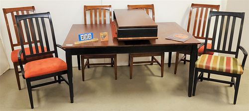 ETHAN ALLEN CHERRY 2 DRAWER DINING TABLE 42"W X 64"L W/2 18" LEAVES AND 6 CHAIRS