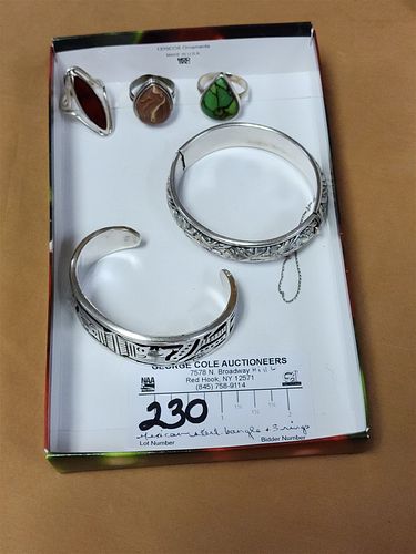 LOT JEWELRY - MEXICAN STERL BANGLE, NAPIER BANGLE, 3 STERL RINGS