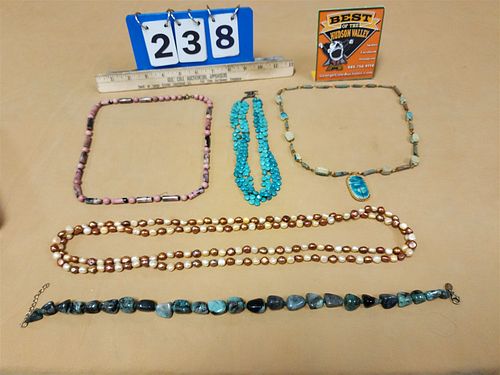 TRAY 5 NECKLACES - 62" FRESH WATER PEARLS, 16" STONE BEAD, TURQ BEAD 17", STONE 25" AND EGYPTIAN FAIENCE