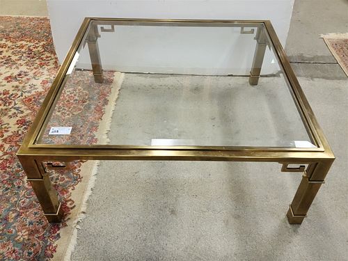 BRUSHED BRASS & GLASS COFFEE TABLE 17"H X 42"SQ.