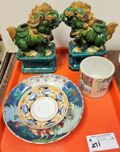 TRAY CHINESE GLAZED POTTERY FOO DOGS 9"H X 7"W X 3 3/4"D, BRUSH POT 3 1/2"H X 4" DIAM & REPAIRED ANTIQUE CHINESE PLATES 1 1/2" X 8 3/4" DIAM & 1 1/2"H