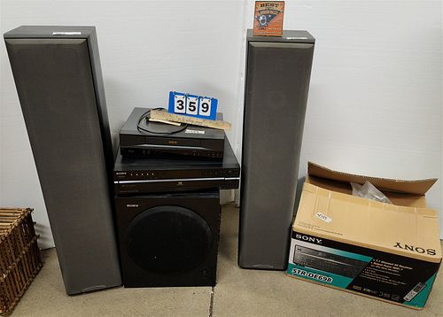 ELECTRONIC EQUIPMENT-PR.SONY SPEAKERS 37 1/2"H X 8"W X 10"D, BX'D SONY STR-DE 698 RECIEVER, RCA VCR PLAYER, SONY DVD PLAYER & SONY SUBWOOFER