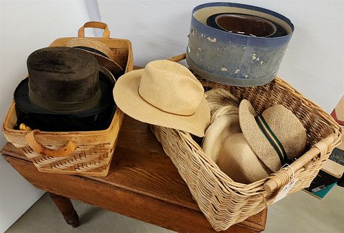 LOPT 2 BASKETS OF HATS-INCL. BEAVER TOPS HAT, WOVEN STRAW ETC.