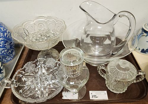 TRAY HAND BLOWN BOWL 6 1/2"H X 13"DIAM. & 10" PITCHER, PRESSED GLASS COMPOTE ETC.