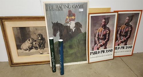LOT FRAMED ITEMS & POSTERS- VICT. FRAMED ENGR. 3' X 41 1/2", 2- PICASSO 1980 POSTERS, 2 MILTON GLASER US OPEN 2008 POSTERS, THE RACING GAME BY DICK FR