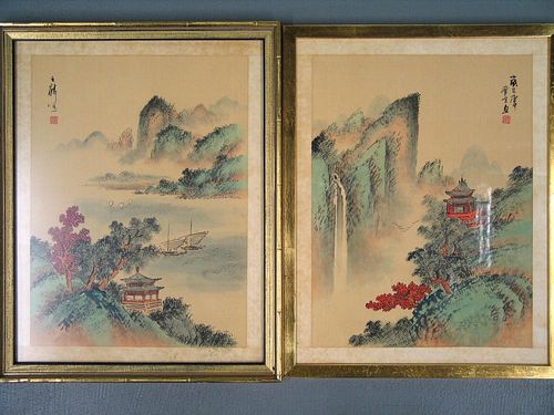 Pair of Chinese Water Color Painting on Silk, Framed.